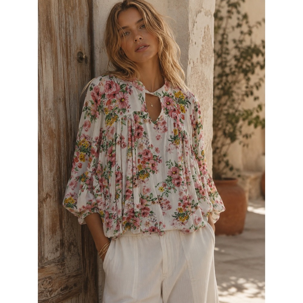 LOLA Made in Italy Floral High Neck Keyhole Bell Sleeve Blouse White Pink Large